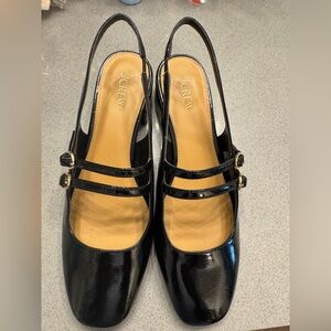 J. Crew Mart Jane Black Patent Leather Slingback Heels